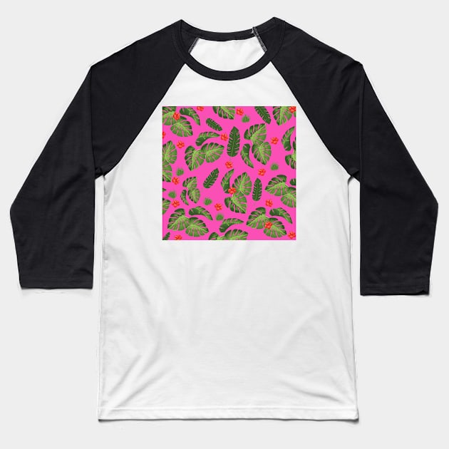 Tropical leaves Pink Baseball T-Shirt by redumbrellashop